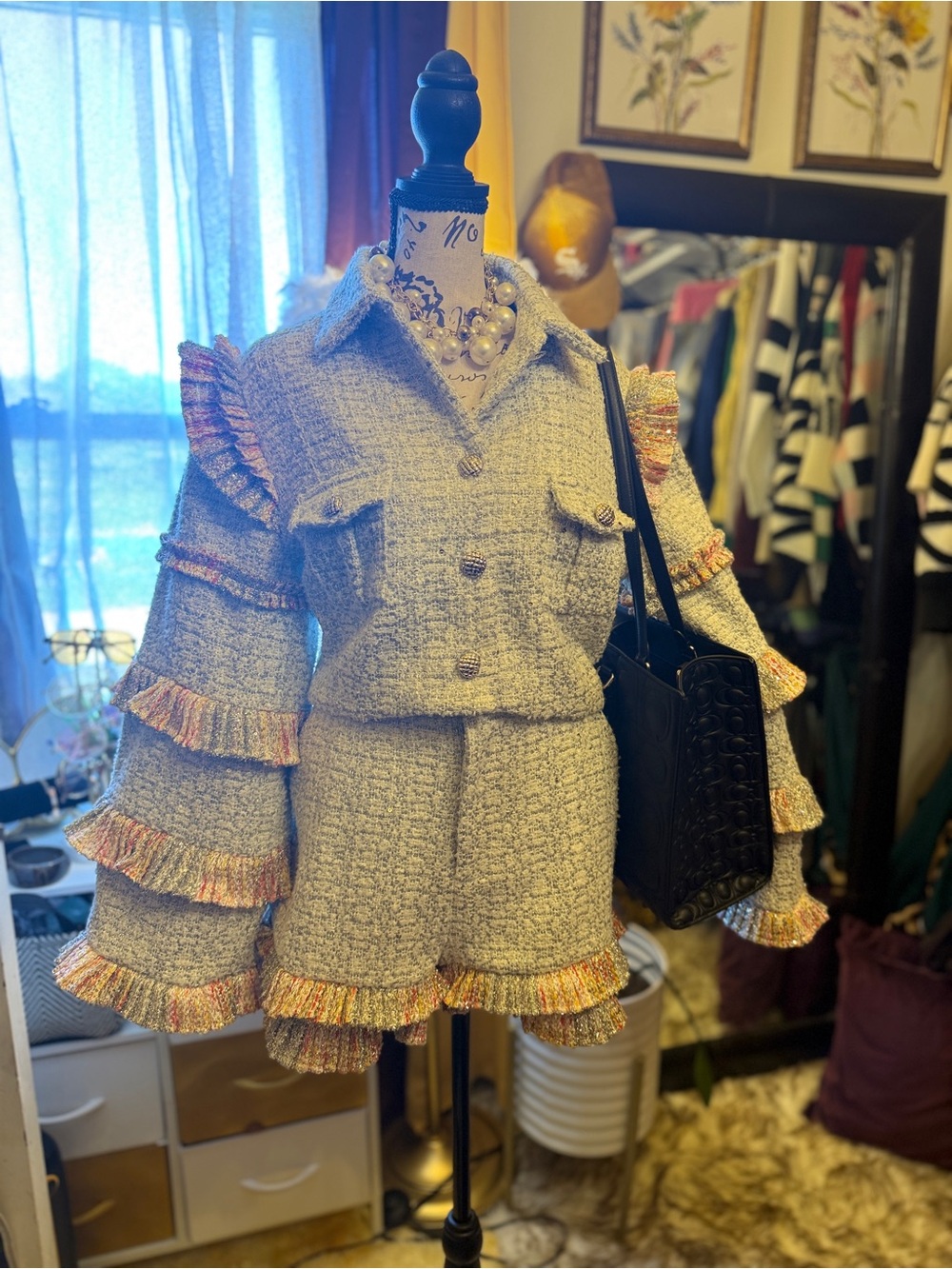 AKIRA Tweed Ruffle Short Set with Pastel Trim